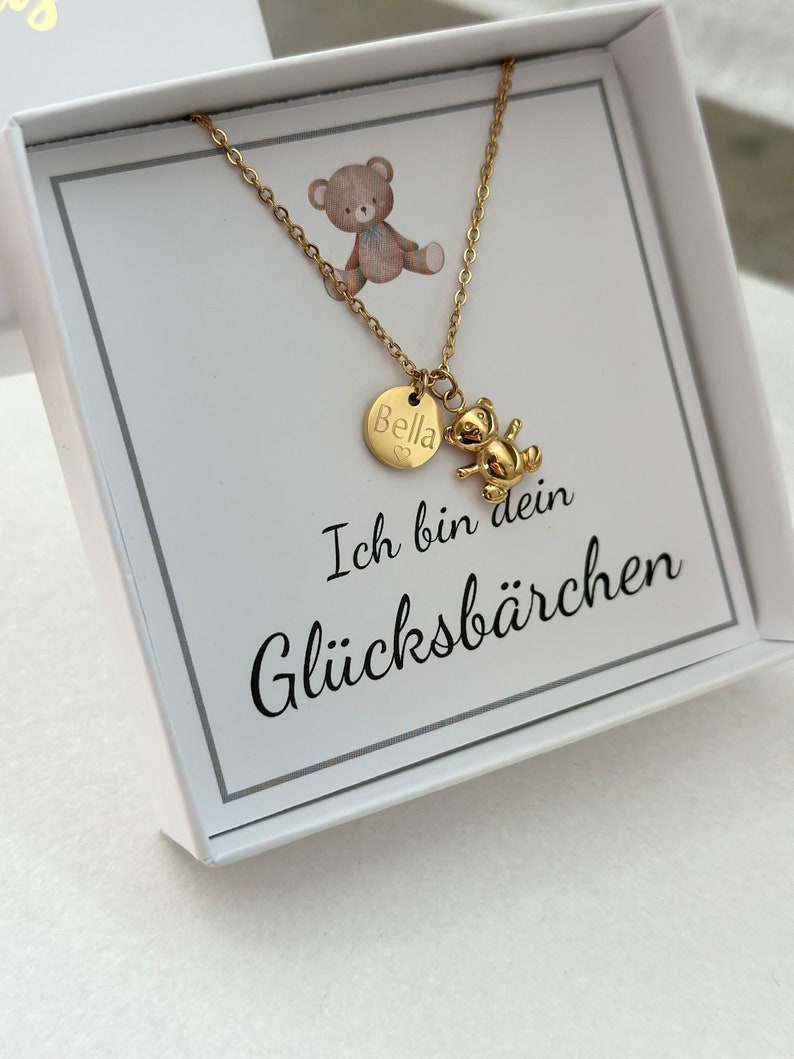 Halskette Glücksbär Anhänger Glücksbringer Konfirmation Taufkette Edelstahl Silber Gold Rosé Mutmacher Geschenk Schulanfang Bild 2