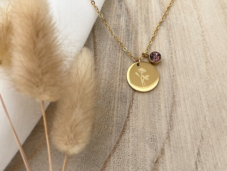 Gepersonaliseerde ketting geboortesteen Geboortebloem Ketting Geboorte Bloem Sterrenbeeld Roestvrij staal Rosé, goud, zilver, geschenk afbeelding 2