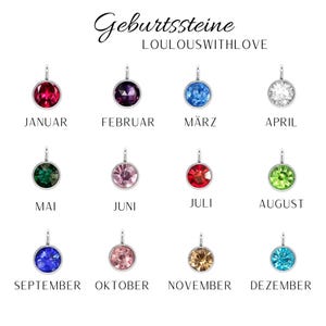 May include: Birthstone charms for each month of the year. The charms are silver with a colored crystal in the center. The charms are arranged in rows by month, with the month name written below each charm. The text "Geburtssteine LOULOUSWITHLOVE" is at the top of the image.