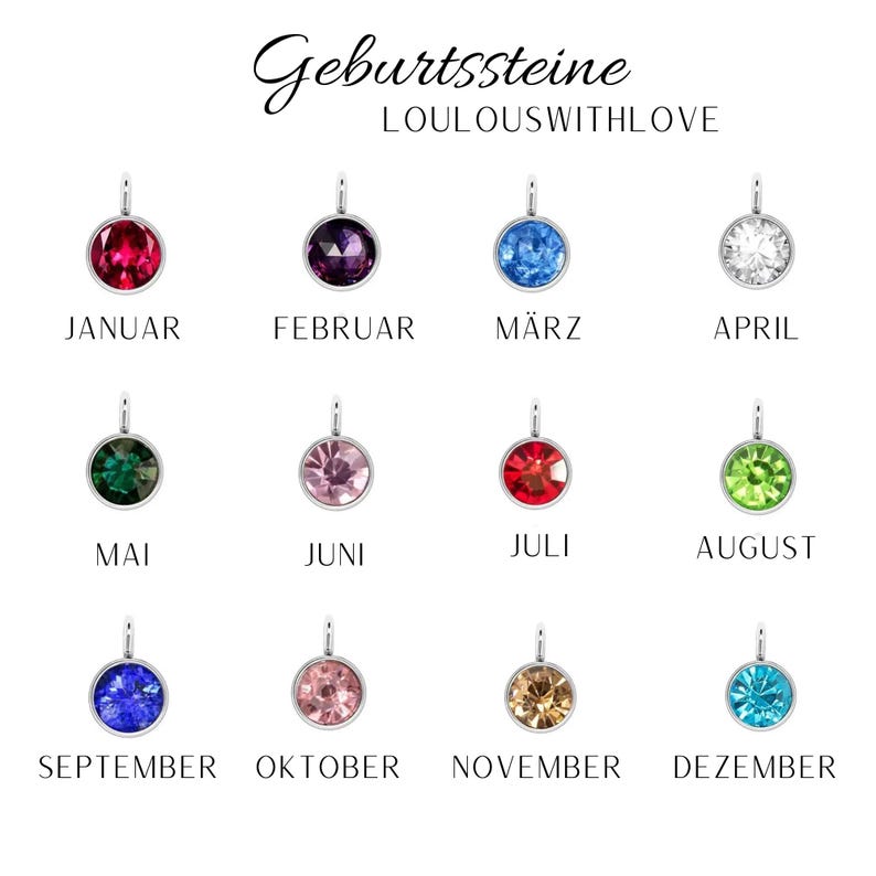 May include: Birthstone charms for each month of the year. The charms are silver with a colored crystal in the center. The charms are arranged in rows by month, with the month name written below each charm. The text "Geburtssteine LOULOUSWITHLOVE" is at the top of the image.