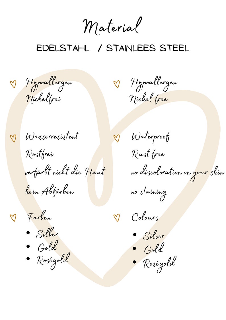 May include: A heart-shaped graphic with text describing the material of a product as stainless steel. The text also lists the product's features, including hypoallergenic, waterproof, rust-free, and available in silver, gold, and rose gold colors.