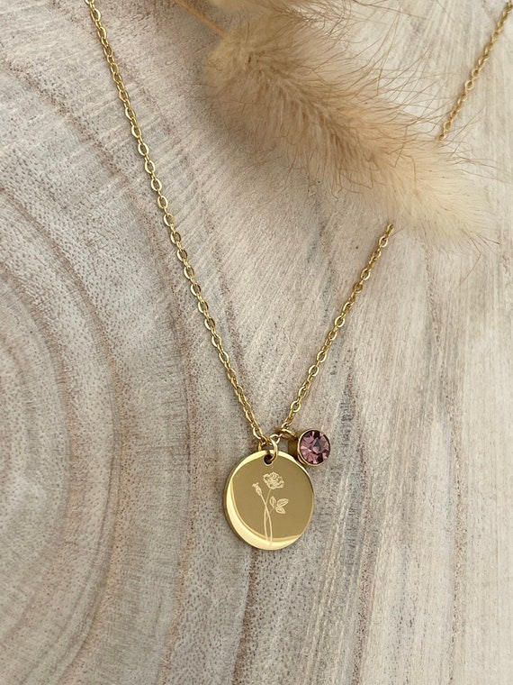 Personalisierte Halskette  + Geburtsstein | Birthflower | Halskette Geburtsblume | Sternzeichen | Edelstahl | Rosé, Gold, Silber, |Geschenk