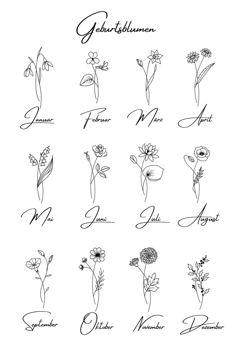 May include: A black and white line drawing illustration of flowers representing birth month flowers. The flowers are arranged in a grid with the month name written below each flower. The months are January, February, March, April, May, June, July, August, September, October, November, and December.