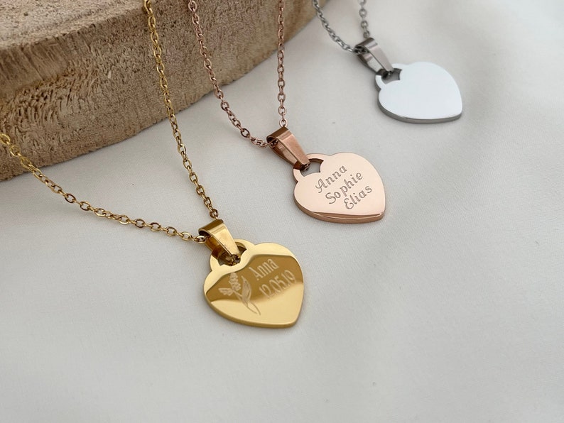 Personalized heart necklace in stainless steel in silver and 18K gold, birth flower, necklace with engraving, gift image 1