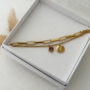 Zweireihiges personalisiertes Armband mit Geburtsstein, Gliederarmband, Plättchen graviert, Armband mit Gravur, Edelstahl, Silber, Gold,Rosé Bild 2