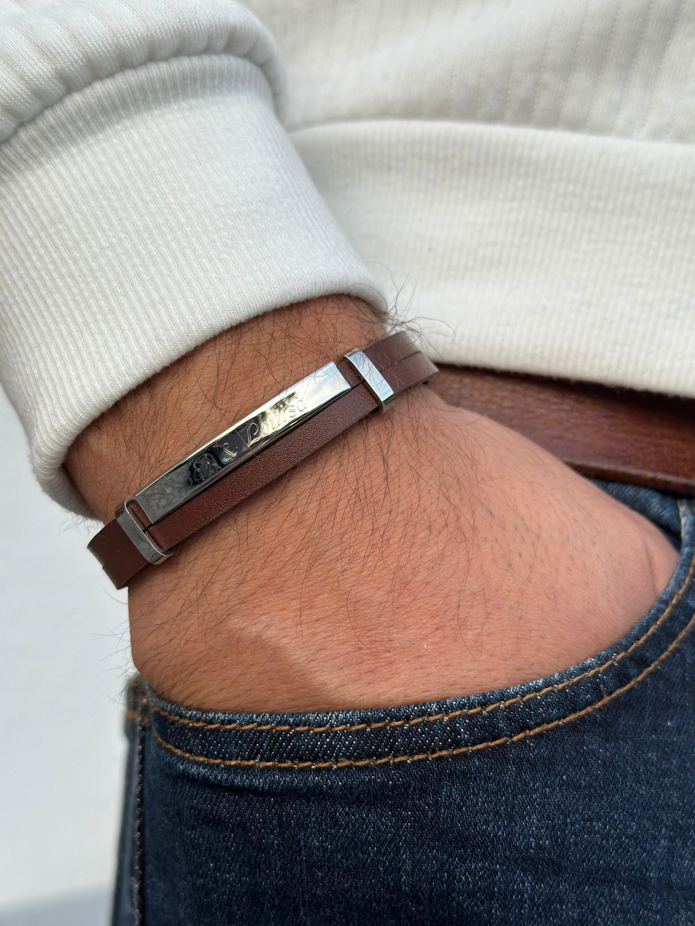 engraved men's bracelet made of stainless steel, personalized leather bracelet for men, gift dad, godfather father's day