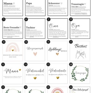 May include: A set of 20 printable cards with different designs and text. The cards feature a variety of themes, including family, friendship, and love. The cards are perfect for adding a personal touch to any occasion.