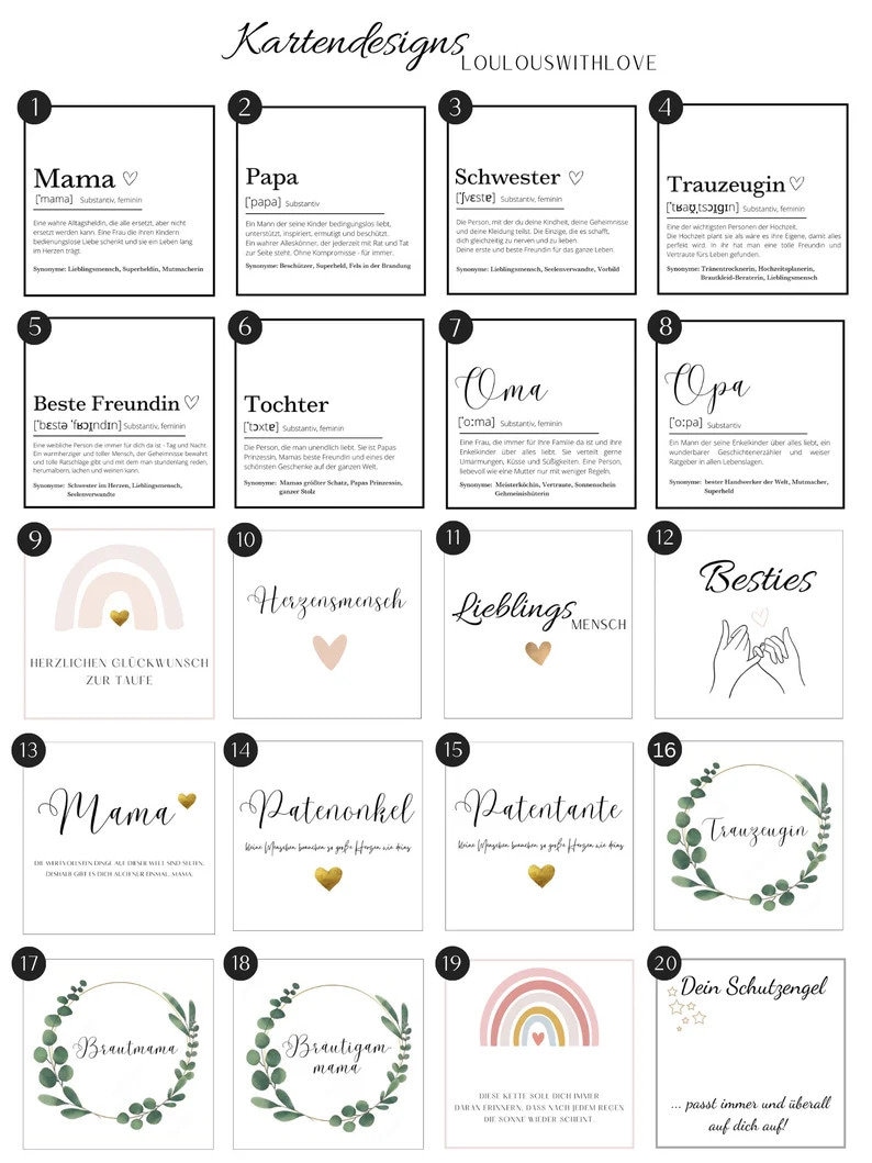 May include: A set of 20 printable cards with different designs and text. The cards feature a variety of themes, including family, friendship, and love. The cards are perfect for adding a personal touch to any occasion.