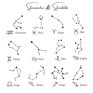 May include: A black and white illustration of the 12 zodiac signs with their corresponding German names: Wassermann, Fische, Widder, Stier, Zwilling, Krebs, L&ouml;we, Jungfrau, Waage, Skorpion, Sch&uuml;tze, and Steinbock.
