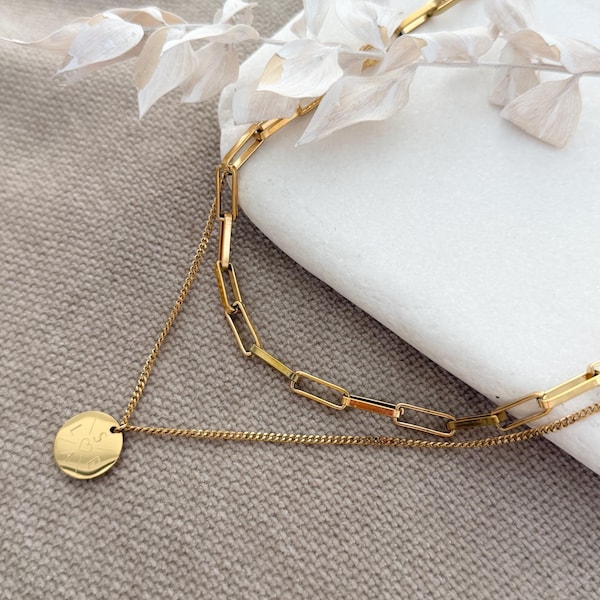 Double layered necklace, 2-row link chain with engraving plate, stainless steel, silver and 18K gold, gift, pendant necklace, Christmas gift