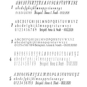May include: A chart showing six different font styles with the words "Schriftarten / fonts" at the top. Each font style includes uppercase and lowercase letters, numbers 0-9, and the word "Beispiel" followed by "Anna & Noah" and a date.