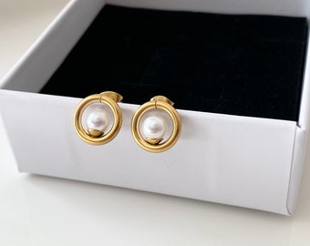 1 pair stud bead, round beadstud dare, stainless steel / studs circle with pearl in gold, silver / gift