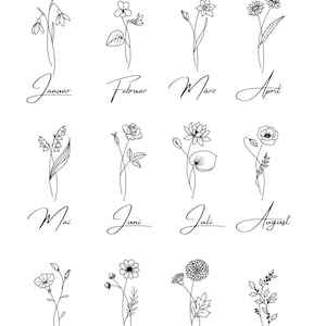 May include: A black and white illustration featuring twelve different floral designs, each representing a month of the year. The word "Geburtsblumen" is at the top. Each month is written in cursive below its corresponding flower.
