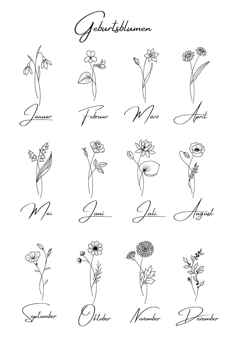 May include: A black and white illustration featuring twelve different floral designs, each representing a month of the year. The word "Geburtsblumen" is at the top. Each month is written in cursive below its corresponding flower.