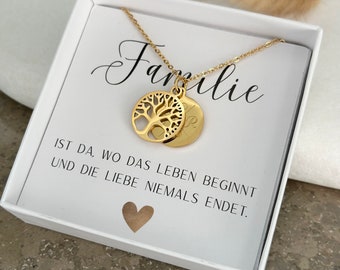 Collier familial avec arbre de vie + carte cadeau, collier avec arbre de vie en acier inoxydable, argent, or, rose, cadeau, cadeau fête des mères