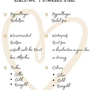 May include: A heart-shaped graphic with information about stainless steel jewelry. The graphic lists the material as stainless steel, hypoallergenic, nickel-free, waterproof, rust-free, and color options of silver, gold, and rose gold.