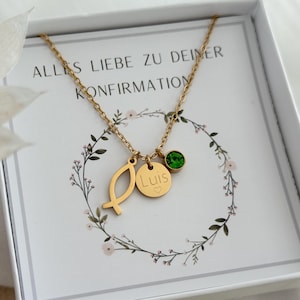 Halskette christlicher Fisch Geburtsstein | Konfirmation | Taufkette | Edelstahl| Silber, 18K Gold, Rosé | Kommunion  Ichthys | Tauffisch