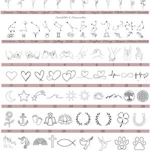 May include: A chart of 47 different symbols, including flowers, zodiac signs, hearts, stars, and more. The chart is labeled with numbers 1 through 47. The text at the bottom of the chart reads "These symbols are just examples. You can also have your own symbols, examples, and line art engraved."