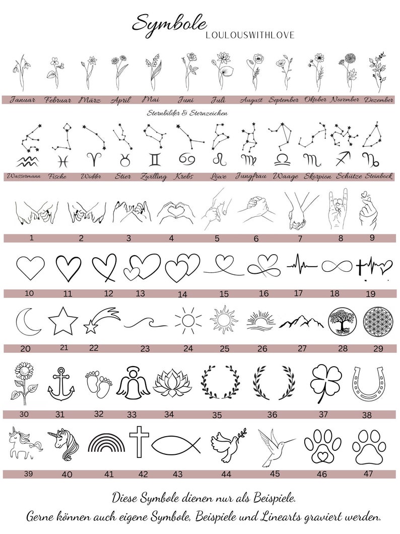 May include: A chart of 47 different symbols, including flowers, zodiac signs, hearts, stars, and more. The chart is labeled with numbers 1 through 47. The text at the bottom of the chart reads "These symbols are just examples. You can also have your own symbols, examples, and line art engraved."