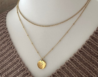 2-voudige gelaagde ketting, filigraan kogelketting met graveerplaten + doosketting, 2-rijige ketting, roestvrij staal, zilver, 18K goud, geschenk