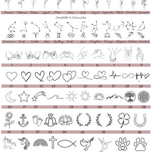 May include: A black and white graphic featuring various symbols, including zodiac signs, flowers, hearts, and other icons. The image includes the text "Symbole LOULOUSWITHLOVE" and German text at the bottom. The symbols are numbered and categorized.