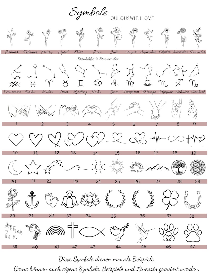 May include: A black and white graphic featuring various symbols, including zodiac signs, flowers, hearts, and other icons. The image includes the text "Symbole LOULOUSWITHLOVE" and German text at the bottom. The symbols are numbered and categorized.