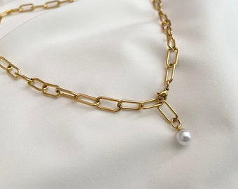 Chunky stainless steel link chain, pearl, engraved plate in silver or 18K gold, gift, minimalist, choker necklace, statement necklace