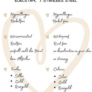 May include: A white card with the word "Material" in a script font. The text describes the material as stainless steel, hypoallergenic, waterproof, and available in silver, gold, and rose gold.
