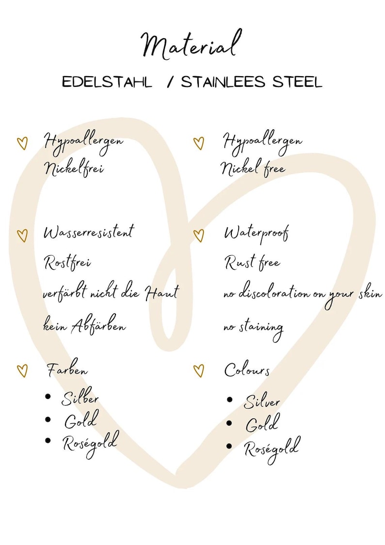 May include: A white card with the word "Material" in a script font. The text describes the material as stainless steel, hypoallergenic, waterproof, and available in silver, gold, and rose gold.