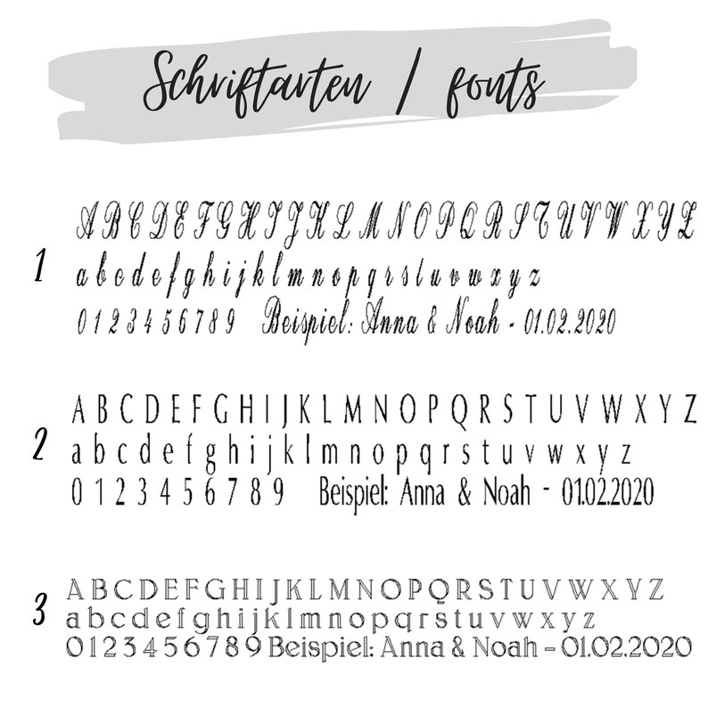 K&ouml;nnte beinhalten: Auf wei&szlig;em Hintergrund werden drei Schriftarten mit Gro&szlig;- und Kleinbuchstaben, Zahlen und einem Beispielsatz gezeigt. Der Text "Schriftarten / fonts" steht oben. Jede Schriftart ist nummeriert und enth&auml;lt einen Beispielsatz.