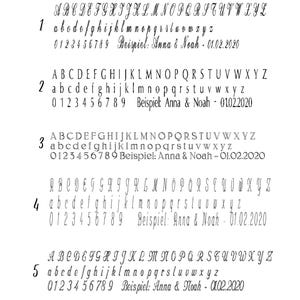May include: A white background displays six different font styles, each with uppercase and lowercase alphabets, numbers, and a sample phrase. The text "Schriftarten / fonts" is at the top. Each font is numbered for easy reference.