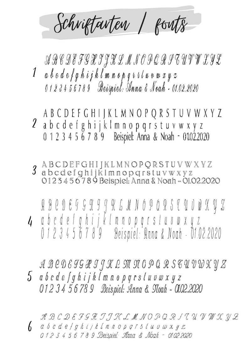 May include: A white background displays six different font styles, each with uppercase and lowercase alphabets, numbers, and a sample phrase. The text "Schriftarten / fonts" is at the top. Each font is numbered for easy reference.