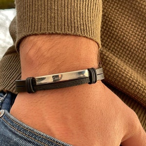 gegraveerde herenarmband van roestvrij staal, gepersonaliseerde leren armband voor heren, cadeau voor vader, peetvader Vaderdag