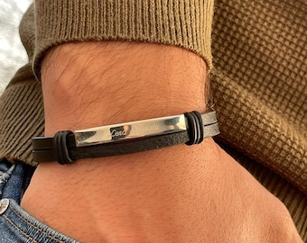 engraved men&#39;s bracelet made of stainless steel, personalized leather bracelet for men, gift dad, godfather Father&#39;s Day