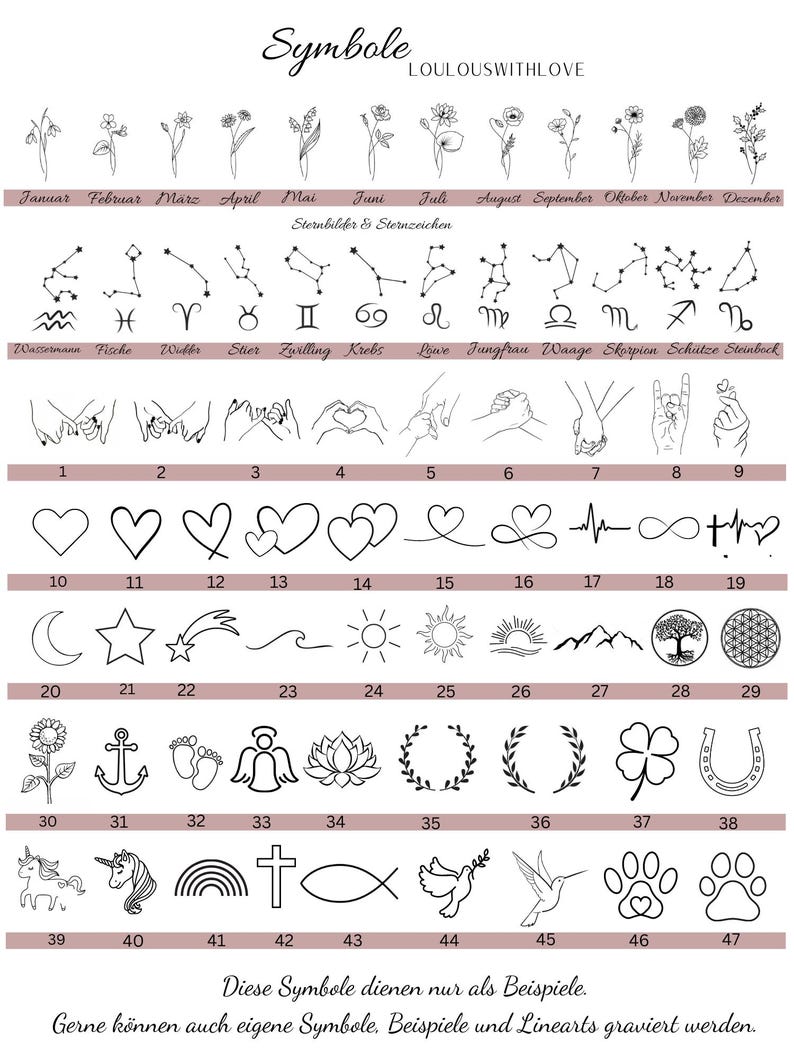 K&ouml;nnte beinhalten: Ein Bild mit einer Sammlung von Strichzeichnungen, darunter Tierkreiszeichen, Blumen und verschiedene Symbole. Die Symbole sind in Reihen und Spalten angeordnet, mit deutschen Textbeschriftungen. Das Bild enth&auml;lt den Text "Symbole LOULOUSWITHLOVE".