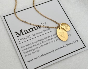 Geburtsblumenkette | Halskette aus Edelstahl | Geburtsblume | personalisierte Halskette Geburt | 18 K Gold, Silber, Geburtstagsgeschenk,Oval