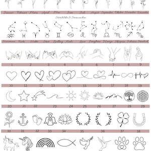 May include: A chart of various symbols and illustrations, including zodiac signs, flowers, hearts, and other icons. The image includes text in German, with examples of symbols and the option for custom designs.