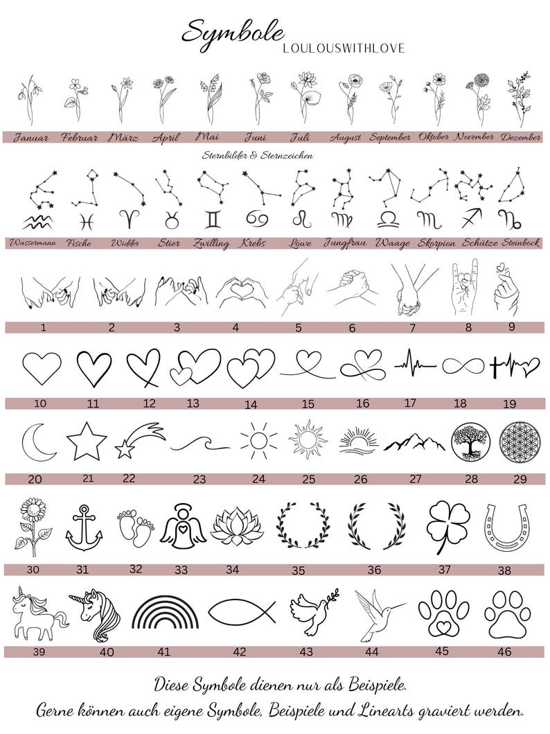 May include: A chart of various symbols and illustrations, including zodiac signs, flowers, hearts, and other icons. The image includes text in German, with examples of symbols and the option for custom designs.