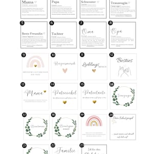 May include: A collection of square cards with various designs and text in German. The cards feature words like "Mama", "Papa", and "Besties", along with illustrations of hearts, rainbows, and floral wreaths. The cards are for various occasions.