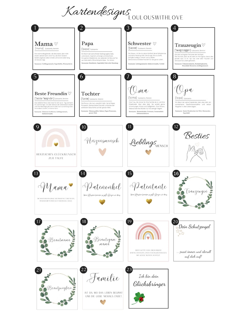 May include: A collection of square cards with various designs and text in German. The cards feature words like "Mama", "Papa", and "Besties", along with illustrations of hearts, rainbows, and floral wreaths. The cards are for various occasions.