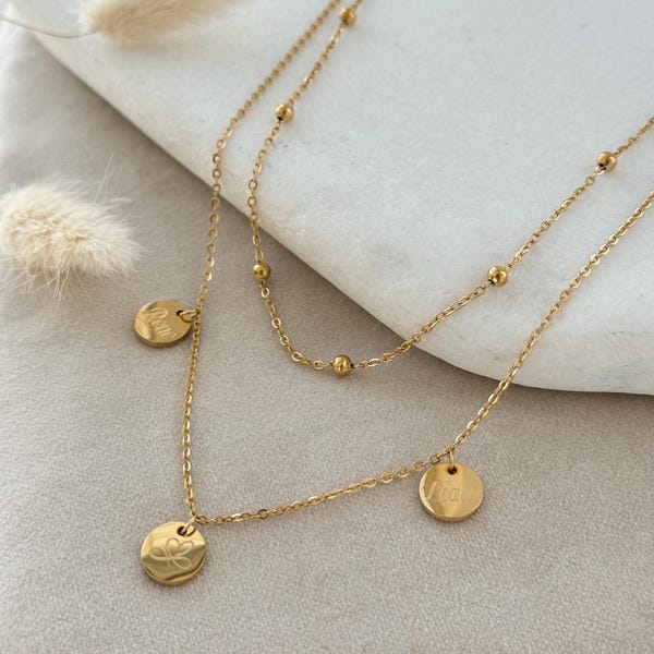 Family necklace, name necklace with personalized plates, multi-strand necklace, stainless steel in 18K gold, silver or rose gold, letter necklace