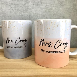 Personalized Mr and Mrs Wedding Mug, Gift For Newlyweds, Anniversary Mug For Husband, Christmas Unique Gift Ideas, Watercolor Blue Pink Mug