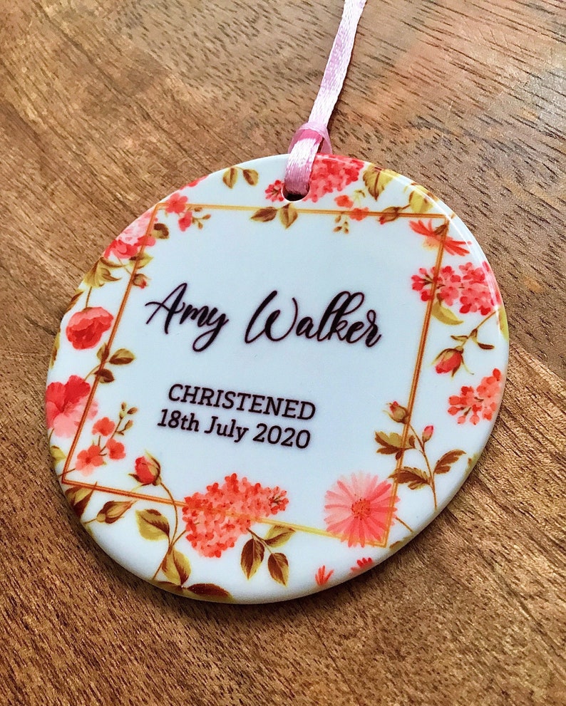 Personalised Christening Baptism Baby Christmas Ceramic Round Floral Ornament Decoration Keepsake
