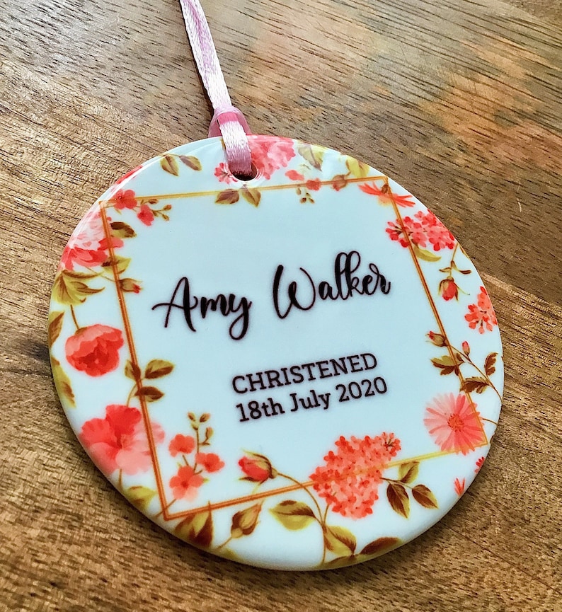 Personalised Christening Baptism Baby Christmas Ceramic Round Floral Ornament Decoration Keepsake