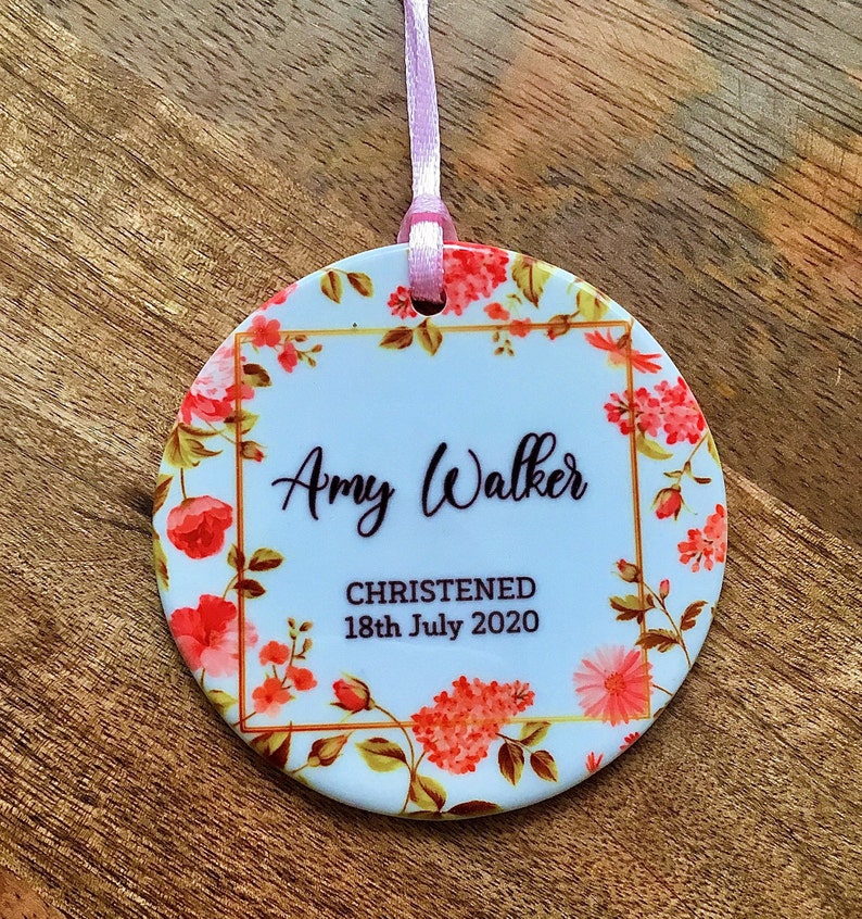 Personalised Christening Baptism Baby Christmas Ceramic Round Floral Ornament Decoration Keepsake