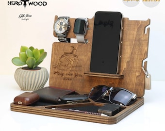 Phone Charging Station, Personalized Wooden Docking Station: Desk Organizer