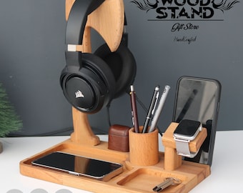 Personalized Beech Wood Headphone Stand: All-in-One Desk Organizer