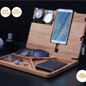 Personalisiertes Vatergeschenk, Holz Docking Station, PortemonnaieStänder, Schlüssel, Brille, Stift, Münzen, Uhrenhalter Ladestation Männer, Jubiläumsgeschenk,