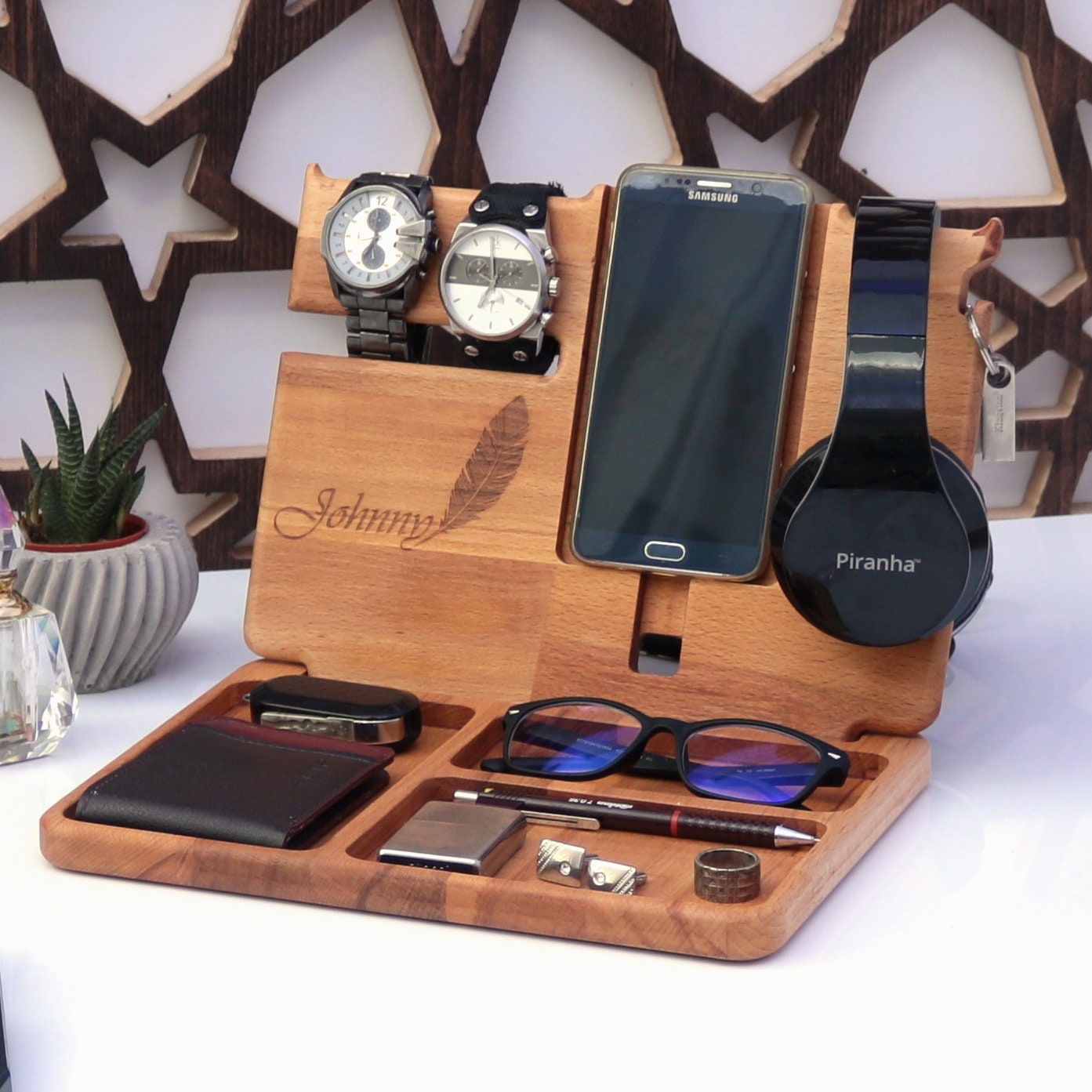 Solid Wood Docking Station: Desk Organizer, Headphone Holder & Valet