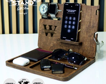 Estación de carga de madera, estación de carga Apple Watch, regalo de Navidad único, estación de acoplamiento personalizada para iPhone, regalo de Navidad para hombres